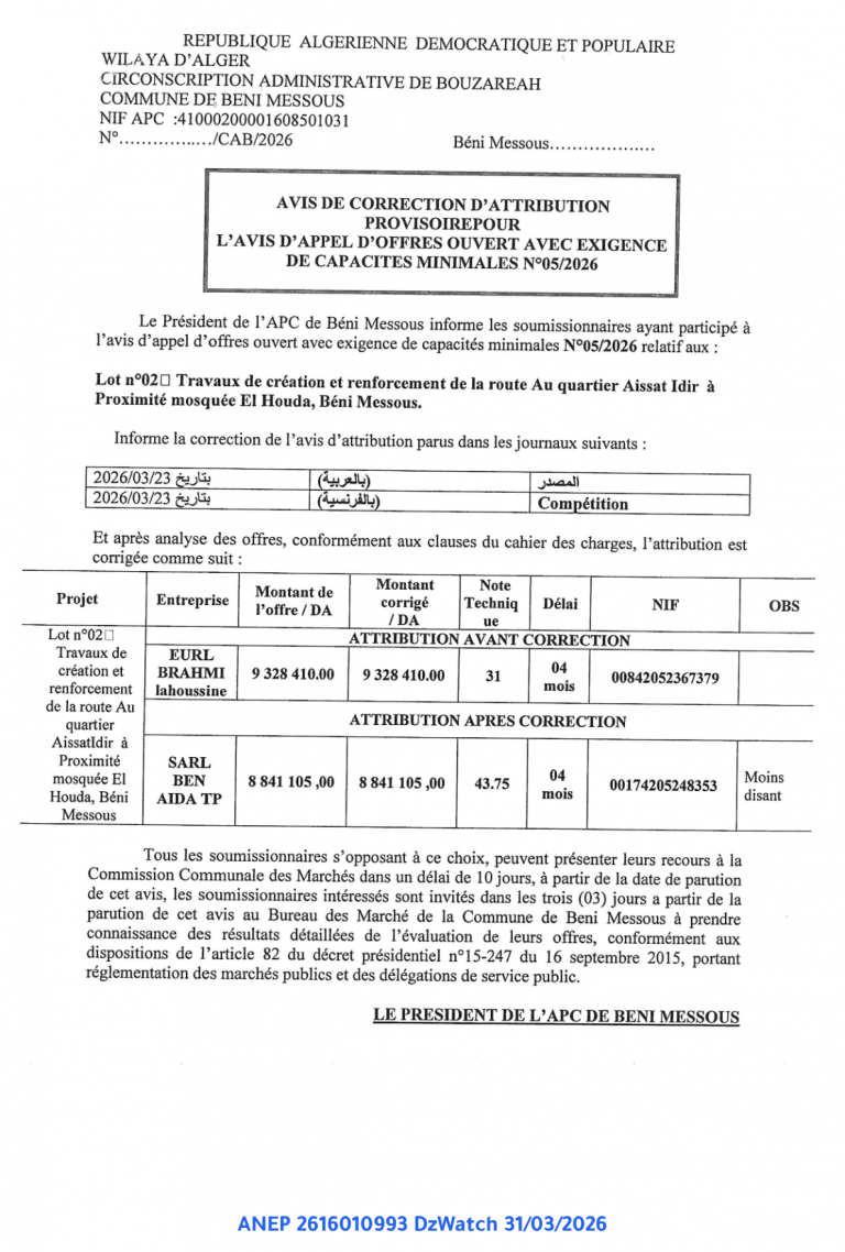 AVIS DE CORRECTION D’ATTRIBUTION PROVISOIRE