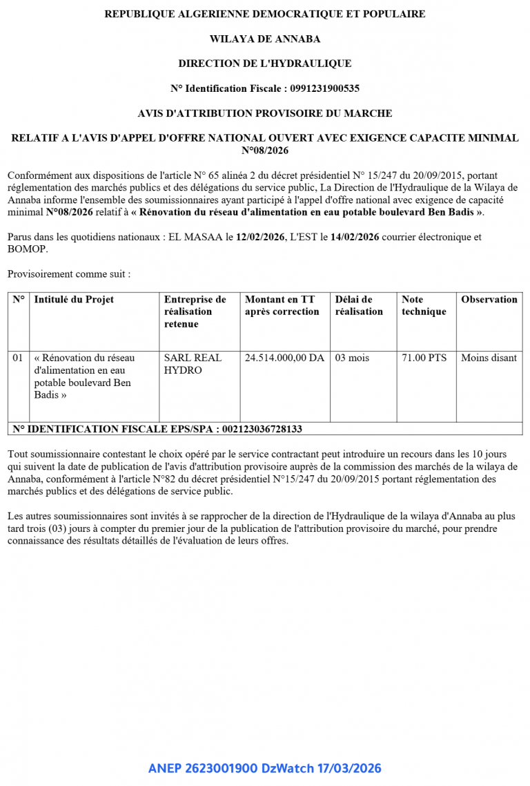 AVIS D’ATTRIBUTION PROVISOIRE DU MARCHE