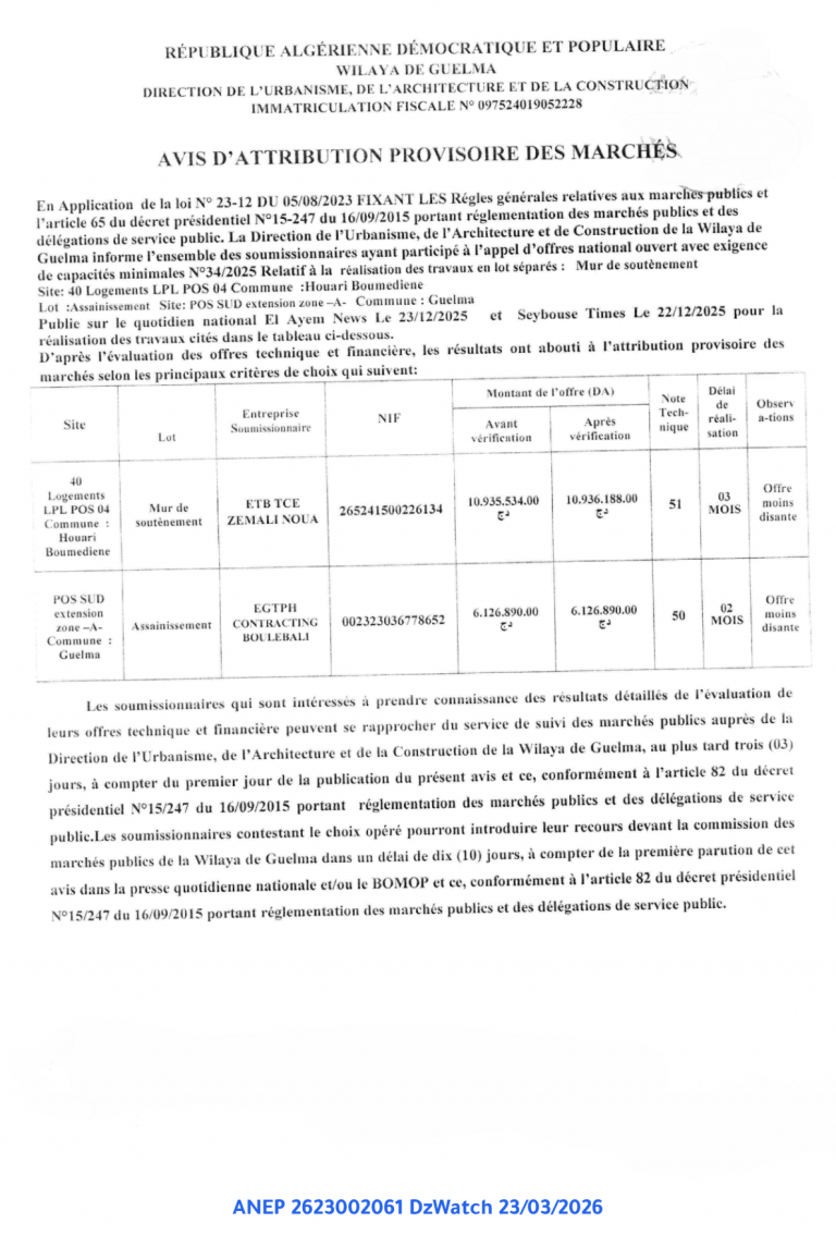 AVIS D’ATTRIBUTION PROVISOIRE DES MARCHÉS
