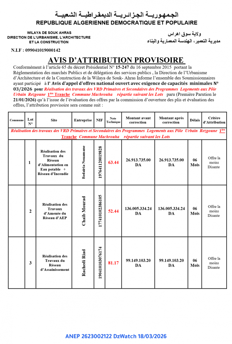 AVIS D’ATTRIBUTION PROVISOIRE