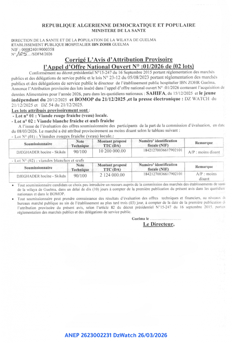 Corrigé L’Avis d’Attribution Provisoire