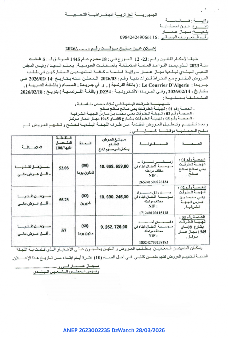 إعلان عن منح مؤقت