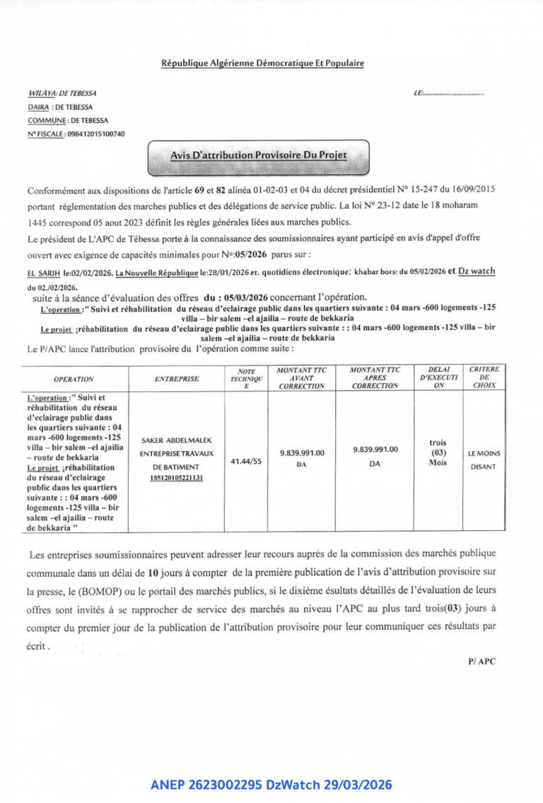 Avis D’attribution Provisoire Du Projet