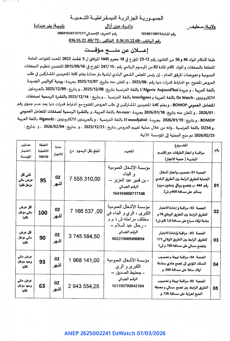 إعلان عن منح مؤقت