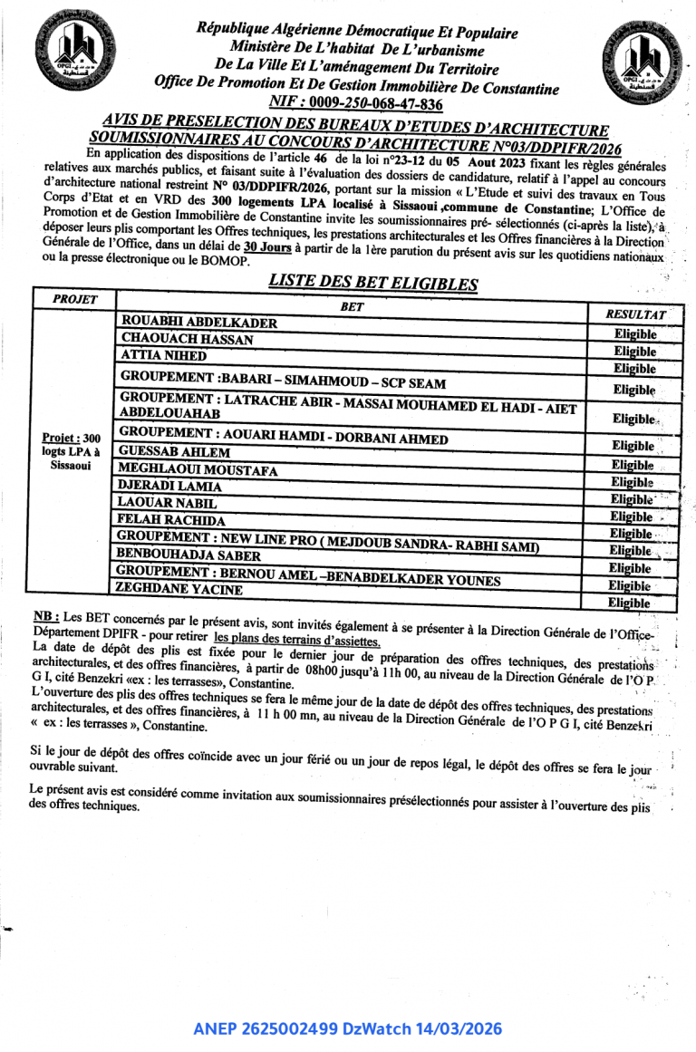 AVIS DE PRESELECTION