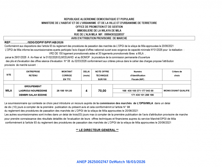 AVIS D’ATTRIBUTION PROVISOIRE DE MARCHE