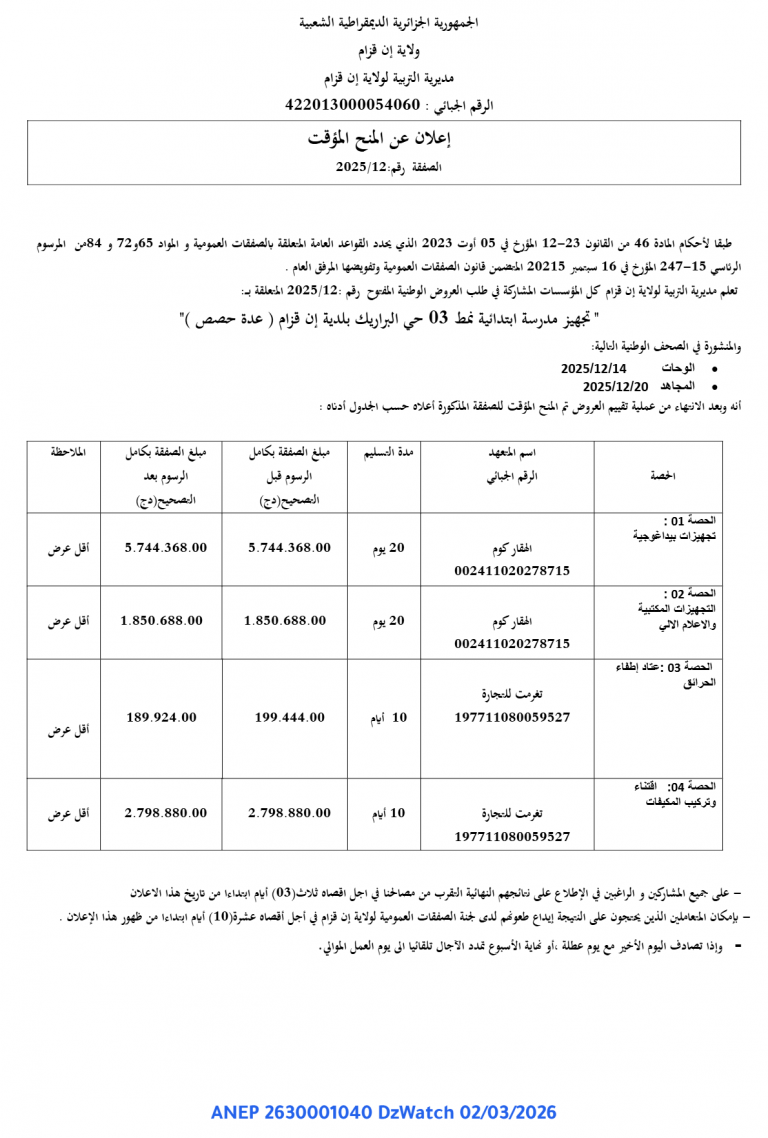 إعلان عن المنح المؤقت
