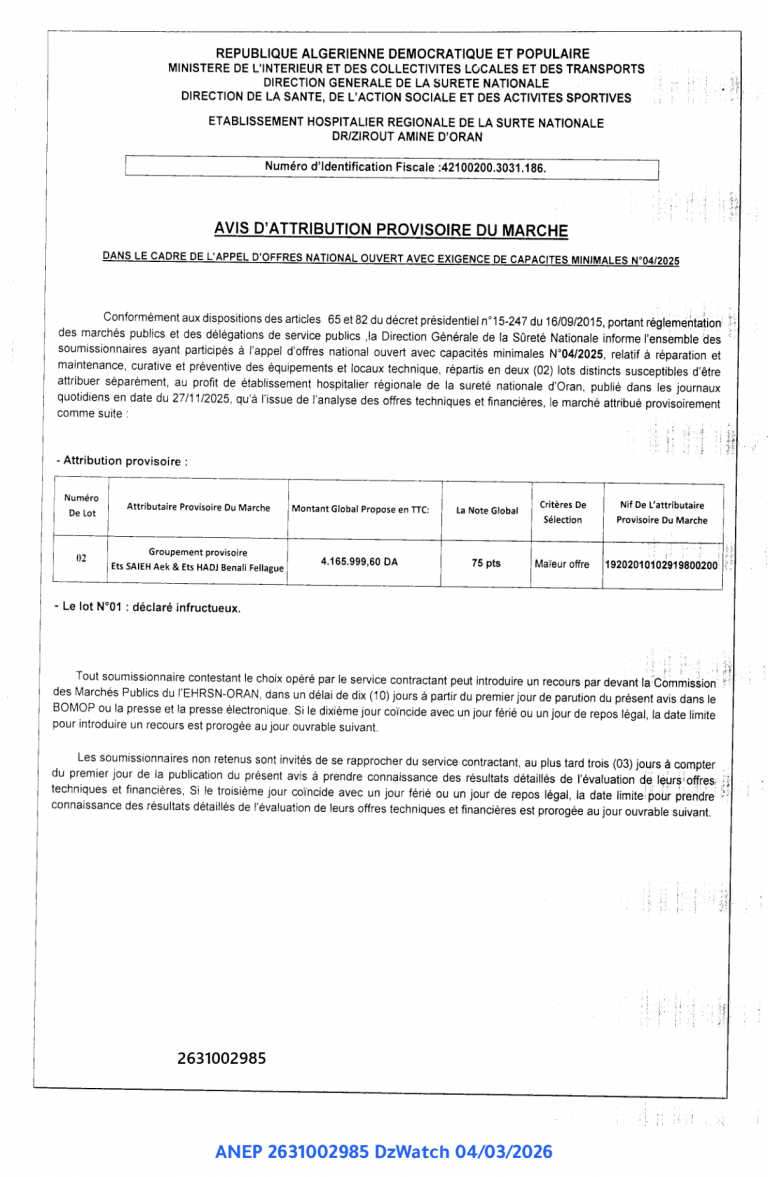 AVIS D’ATTRIBUTION PROVISOIRE DU MARCHE