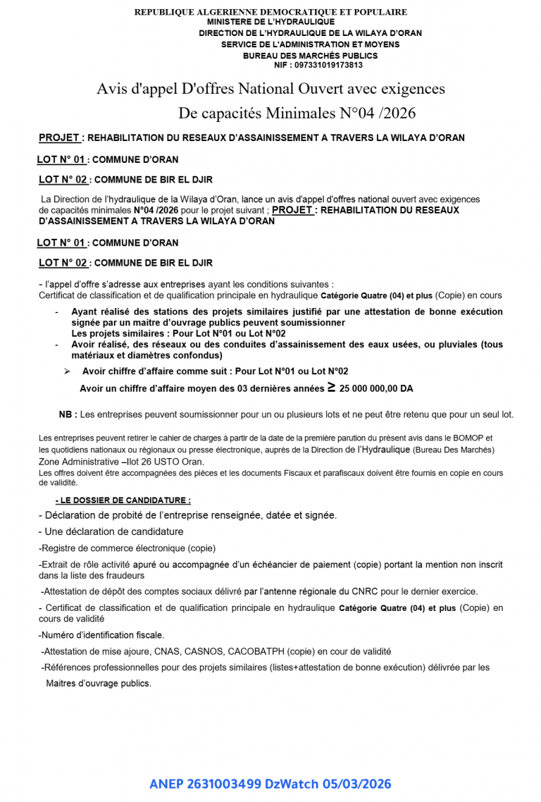 Avis d’appel D’offres National Ouvert avec exigences De capacités Minimales