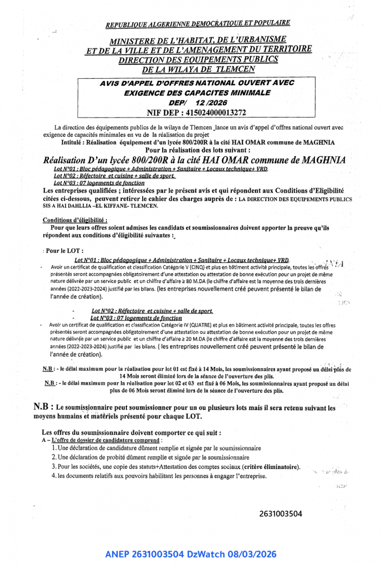 AVIS D’APPEL D’OFFRES NATIONAL OUVERT AVEC EXIGENCE DES CAPACITES MINIMALE