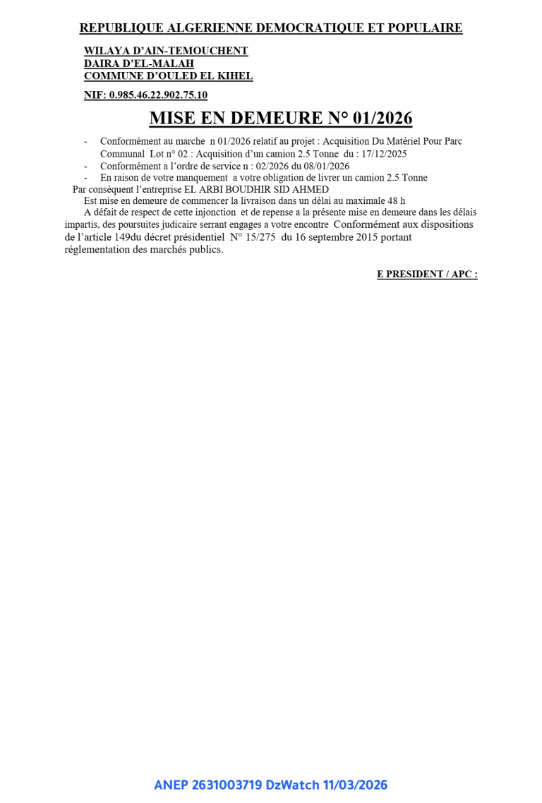 MISE EN DEMEURE N° 01/2026