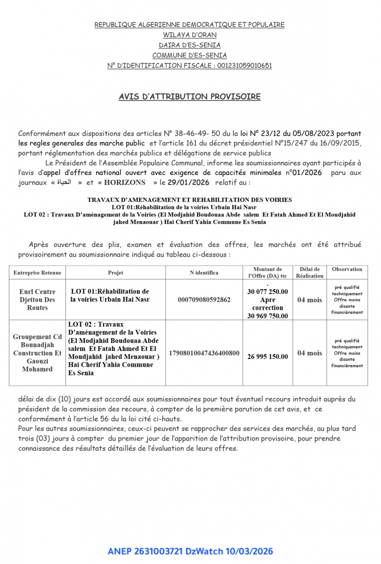 AVIS D’ATTRIBUTION PROVISOIRE