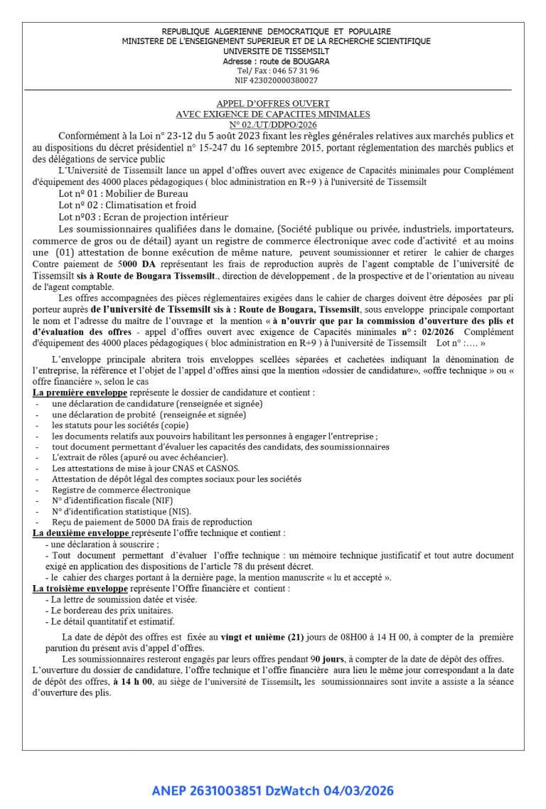 APPEL D’OFFRES OUVERT