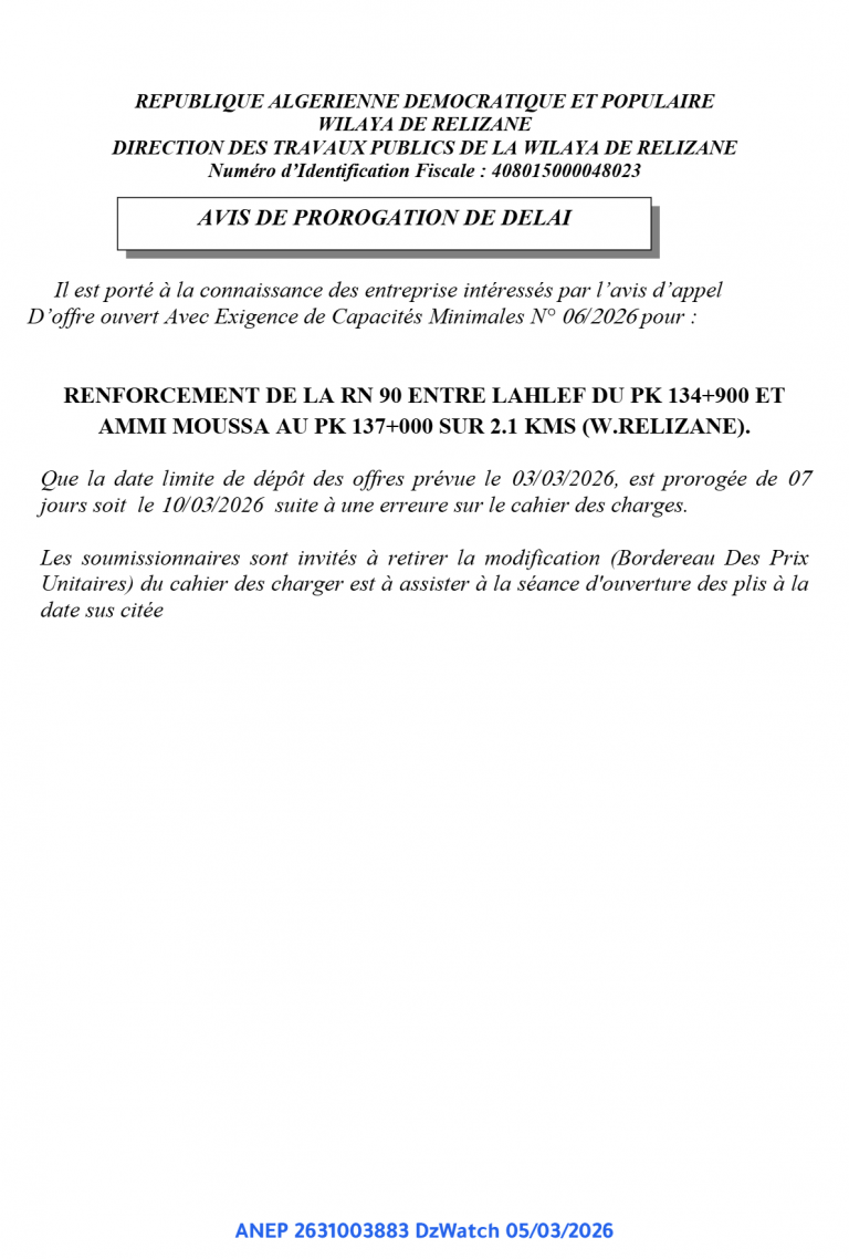 AVIS DE PROROGATION DE DELAI