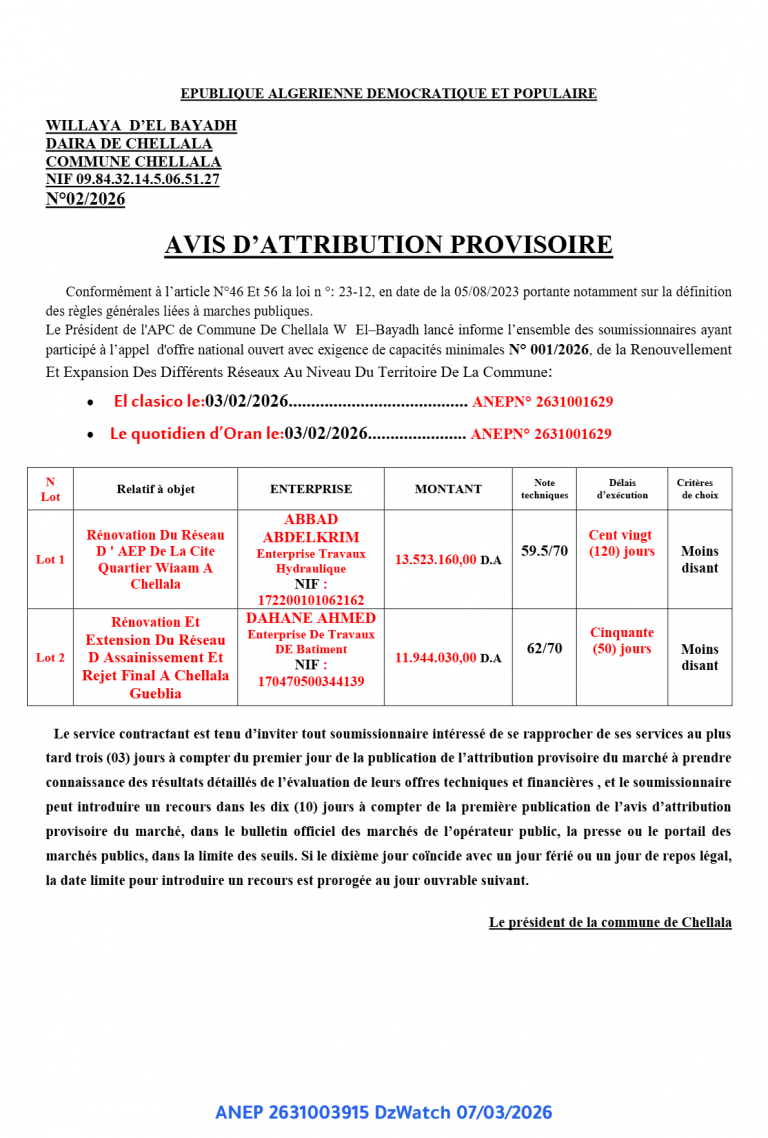 AVIS D’ATTRIBUTION PROVISOIRE