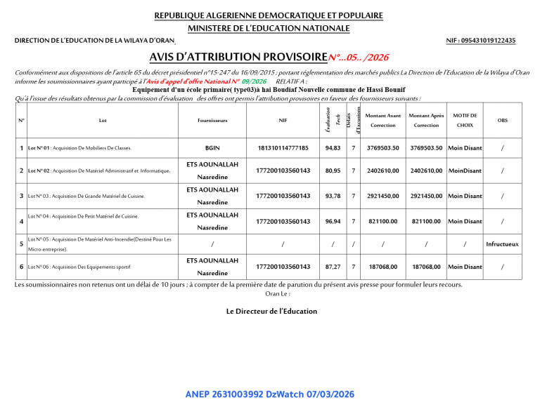 AVIS D’ATTRIBUTION PROVISOIRE