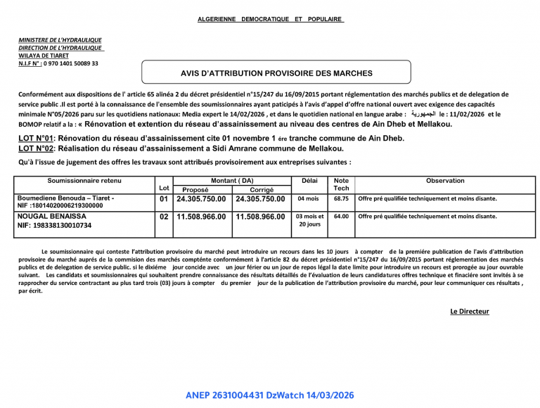 AVIS D’ATTRIBUTION PROVISOIRE DES MARCHES