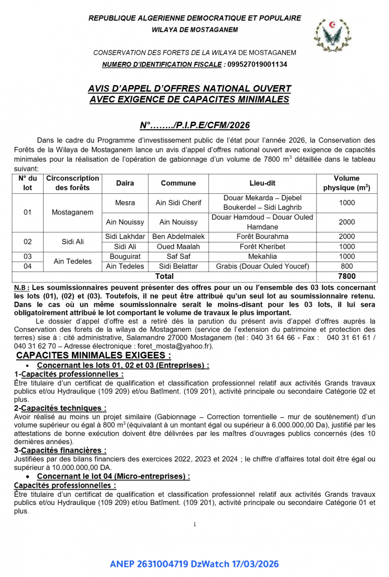 AVIS D’APPEL D’OFFRES NATIONAL OUVERT AVEC EXIGENCE DE CAPACITES MINIMALES