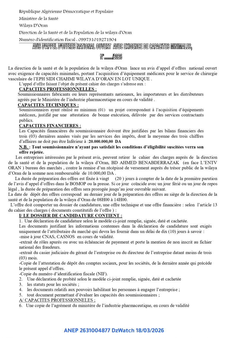 AVIS D’APPEL D’OFFRES NATIONAL OUVERT AVEC EXIGENCE DE CAPACITES MINIMALES