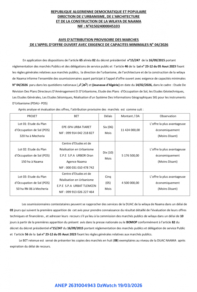 AVIS D’ATTRIBUTION PROVISOIRE DES MARCHES