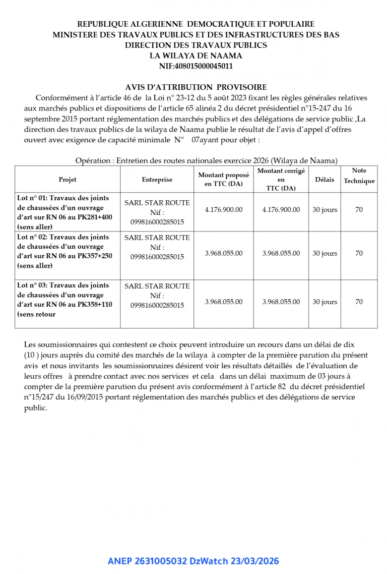 AVIS D’ATTRIBUTION PROVISOIRE