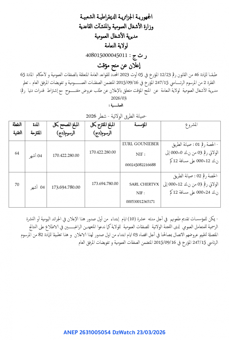 إعلان عن منح مؤقت