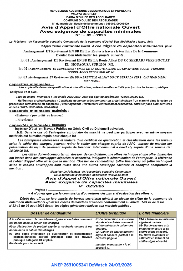Avis d’Appel d’Offre nationale Ouvert Avec exigence de capacités minimales