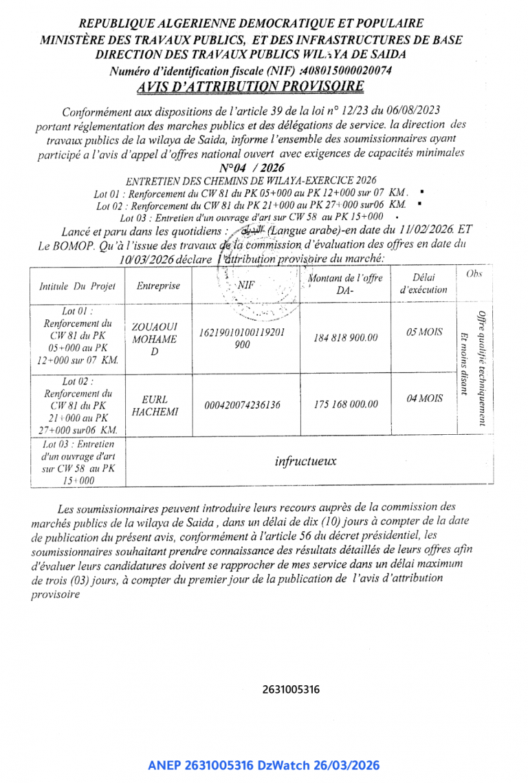 AVIS D’ATTRIBUTION PROVISOIRE