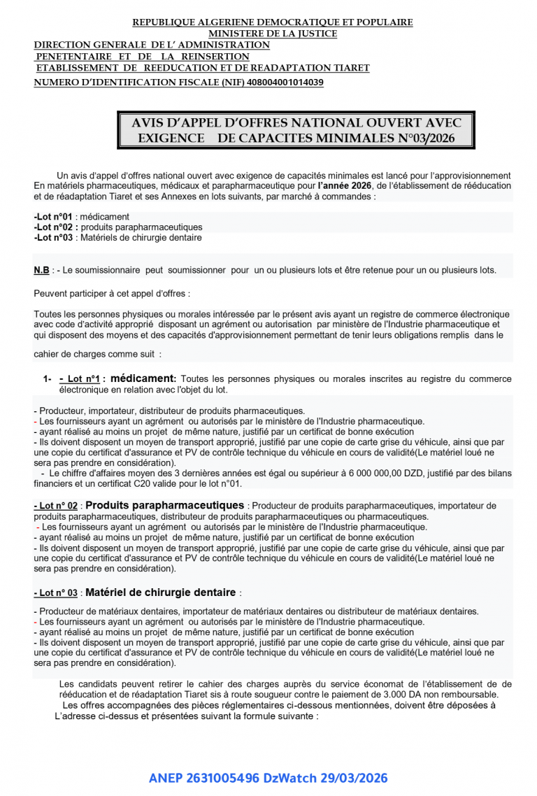 AVIS D’APPEL D’OFFRES NATIONAL OUVERT AVEC EXIGENCE DE CAPACITES MINIMALES