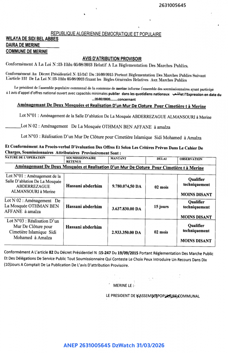 AVIS D’ATRIBUTION PROVISOIR
