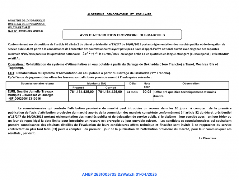 AVIS D’ATTRIBUTION PROVISOIRE DES MARCHES