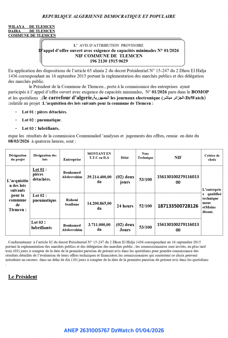 L’ AVIS D’ATTRIBUTION PROVISOIRE