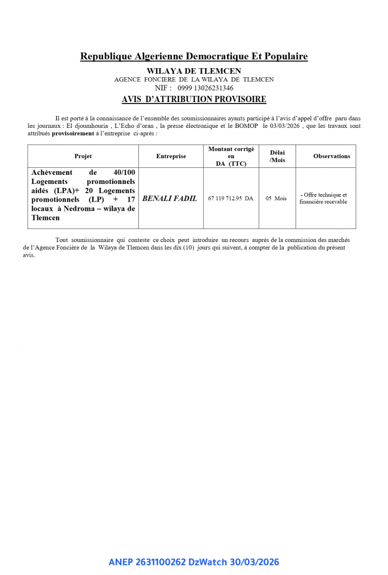 AVIS D’ATTRIBUTION PROVISOIRE