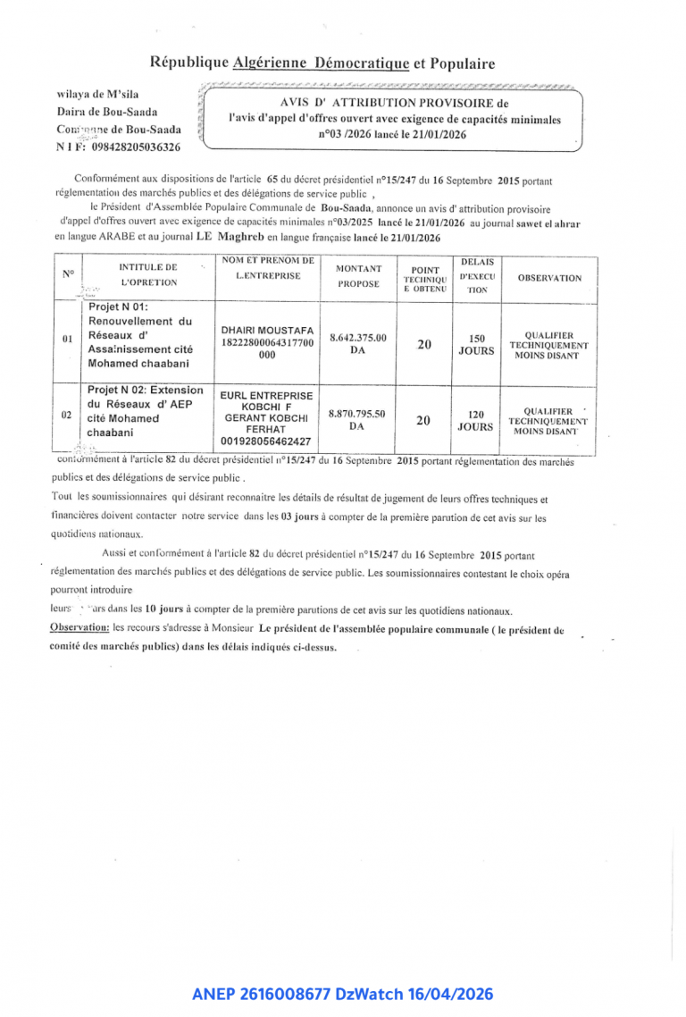 AVIS D’ ATTRIBUTION PROVISOIRE