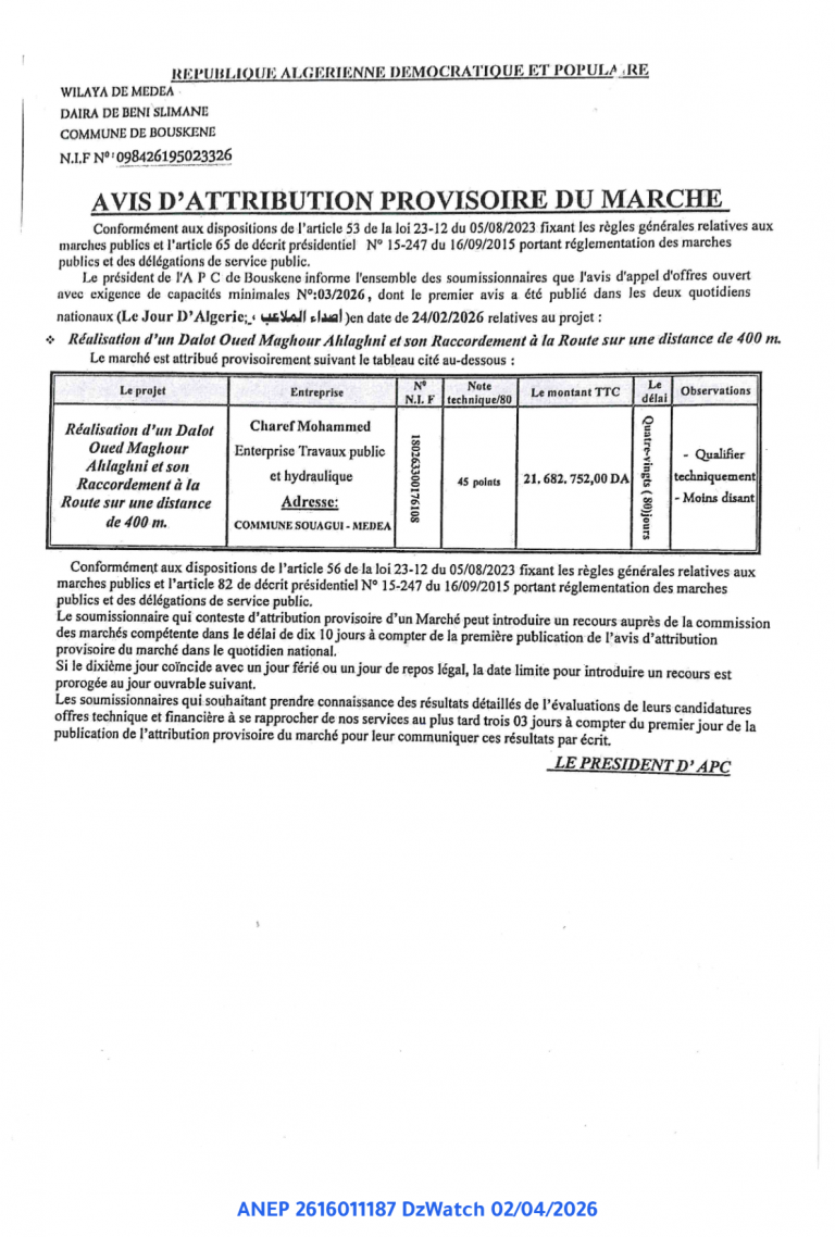 AVIS D’ATTRIBUTION PROVISOIRE DU MARCHE