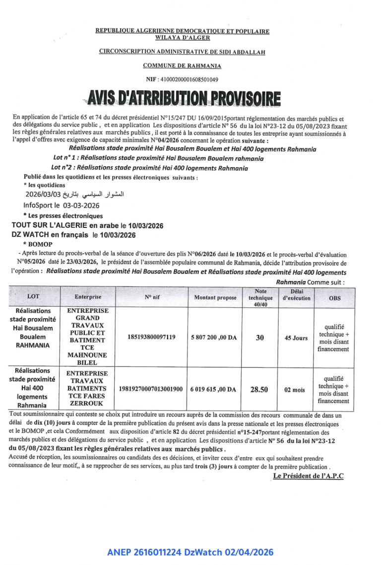 AVIS D’ATTRBUTION PROVISOIRE