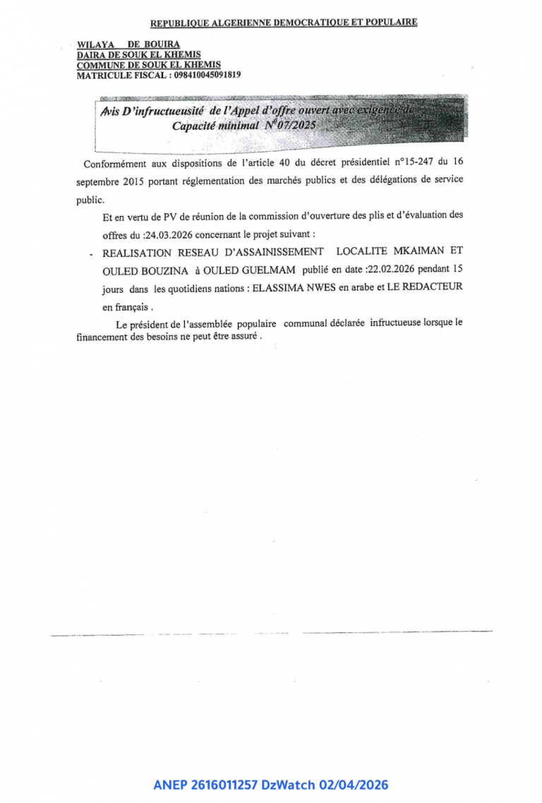 Avis D’infructuosité de l’Appel d’offre