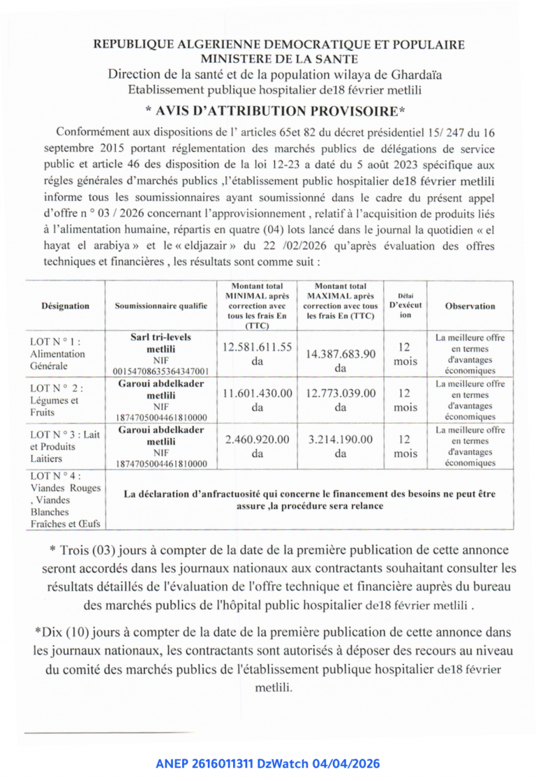 AVIS D’ATTRIBUTION PROVISOIRE