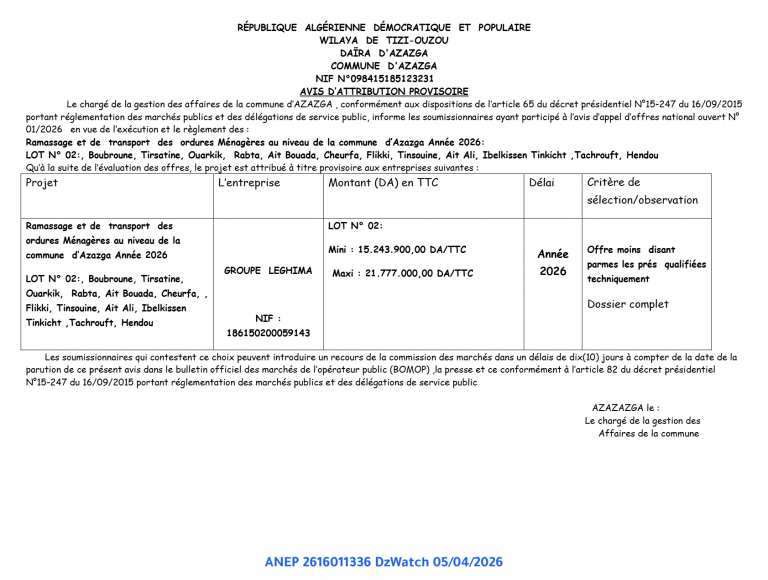 AVIS D’ATTRIBUTION PROVISOIRE