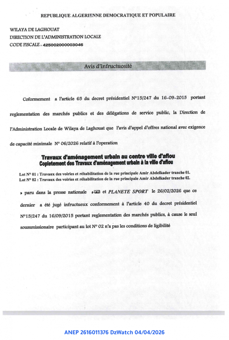 Avis d’Infructuosité