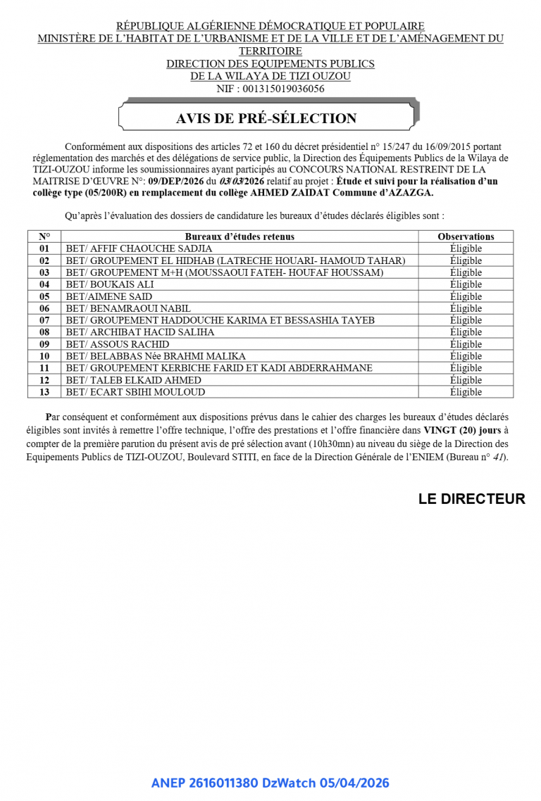 AVIS DE PRÉ-SÉLECTION