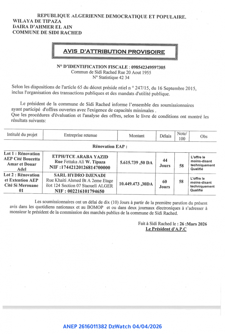 AVIS D’ATTRIBUTION PROVISOIRE