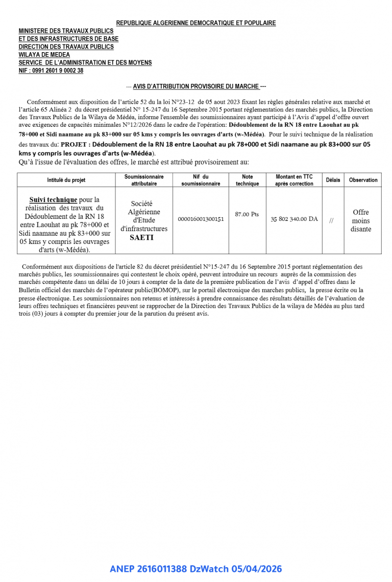 AVIS D’ATTRIBUTION PROVISOIRE DU MARCHE