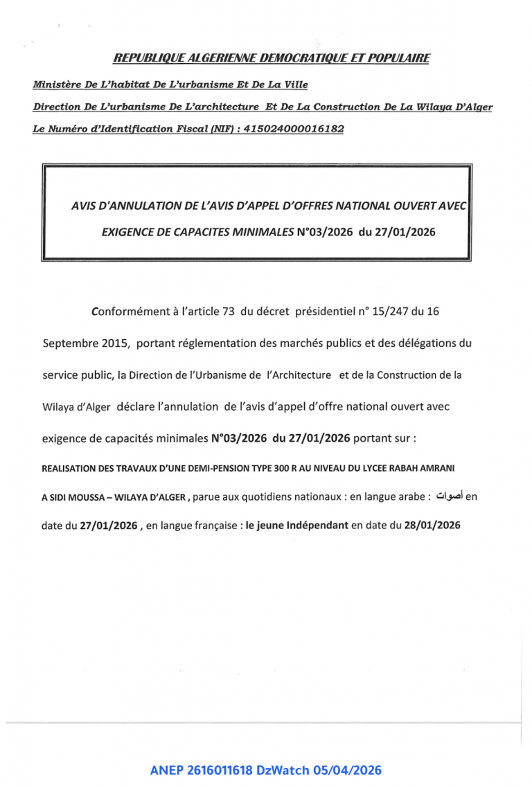 AVIS D’ANNULATION DE L’AVIS D’APPEL D’OFFRES