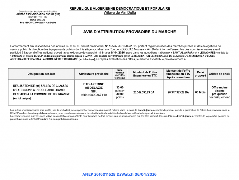 AVIS D’ATTRIBUTION PROVISOIRE DU MARCHE