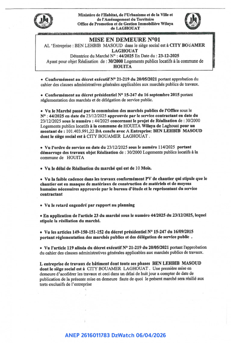 MISE EN DEMEURE N°01