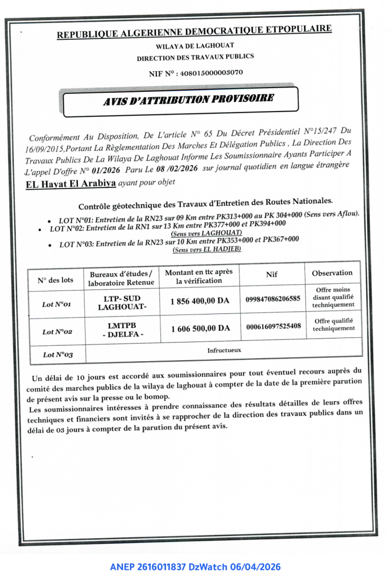 AVIS D’ATTRIBUTION PROVISOIRE