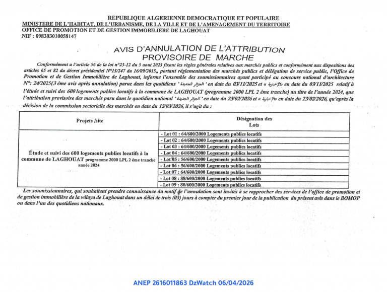 AVIS D’ANNULATION DE L’ATTRIBUTION PROVISOIRE DE MARCHE