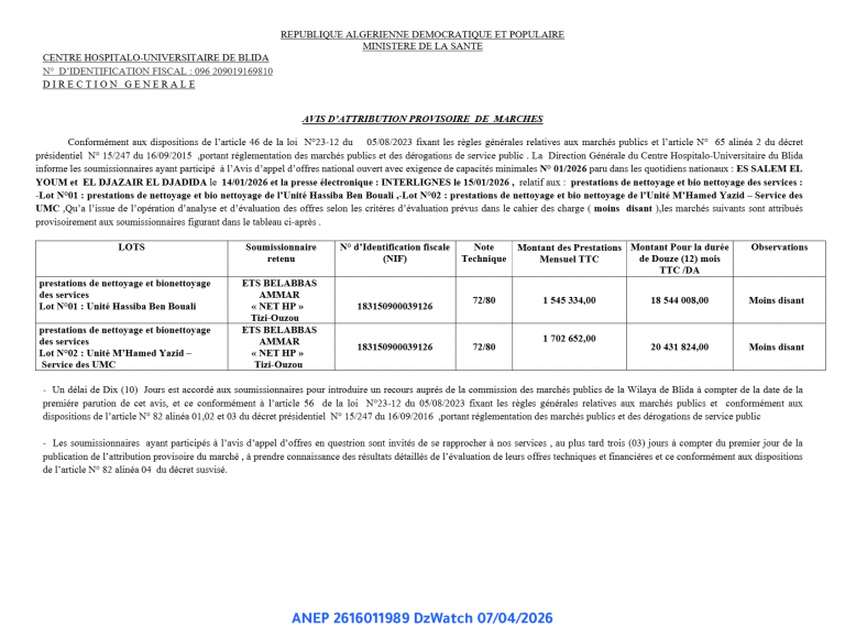 AVIS D’ATTRIBUTION PROVISOIRE DE MARCHES