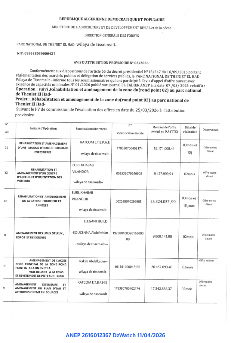 AVIS D’ATTRIBUTION PROVISOIRE N° 03/2026
